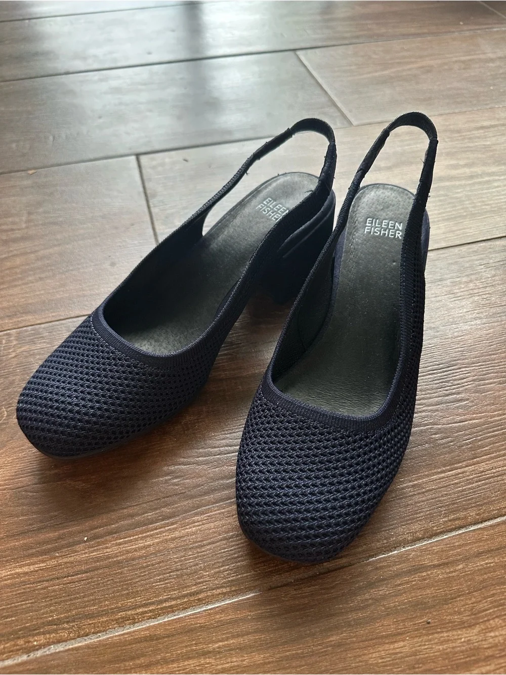 Eileen Fisher Navy Blue Yarn Knit Slingback Block Heel Pumps Size 8.5